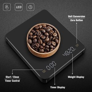 Cân điện tử pha chế cà phê mini 3kg – 0.1g màn hình LED – Đen – Pin sạc