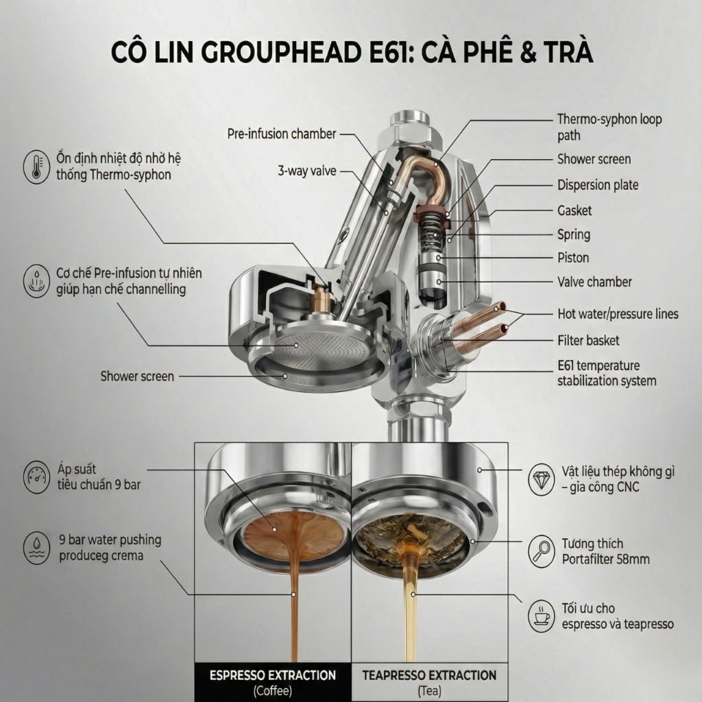Grouphead E61 Chrome Premium máy pha cà phê Cô Lin tối ưu chiết xuất Espresso và Teapresso