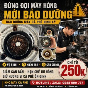 Ảnh ghép cận cảnh hộc xay, lưỡi dao và cối xay bám cặn cà phê trước khi được vệ sinh bảo dưỡng