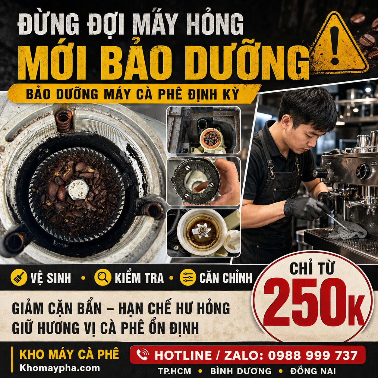 Ảnh ghép cận cảnh hộc xay, lưỡi dao và cối xay bám cặn cà phê trước khi được vệ sinh bảo dưỡng